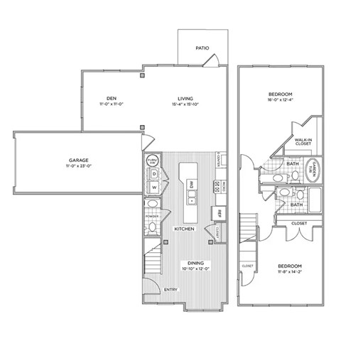 Floor plan for 2 beds, 2.5 baths, 1531 sqft